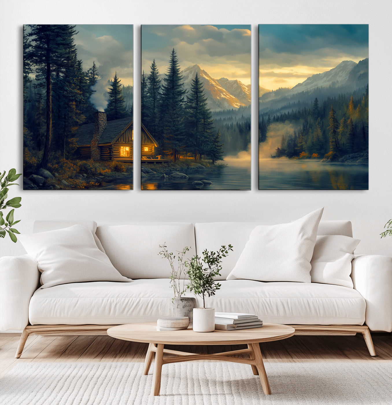 MGV-CV-60X30-3P - Mountain Cabin by the Lake at Sunset Wall Art - Serene Nature Canvas Print for Living Room Decor,