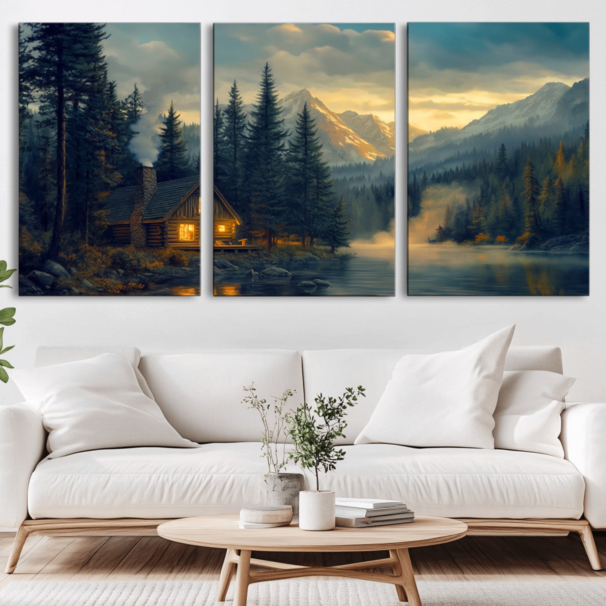94027-MGV-CV-36X24-Mountain Cabin by the Lake at Sunset Wall Art - Serene Nature Canvas Print for Living Room Decor,