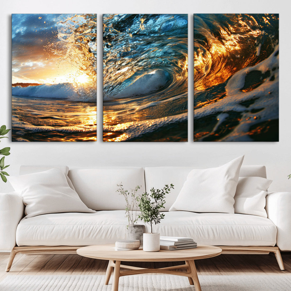 Ocean Wave at Sunset Canvas Wall Art | Vibrant Coastal Beach Waves Print
