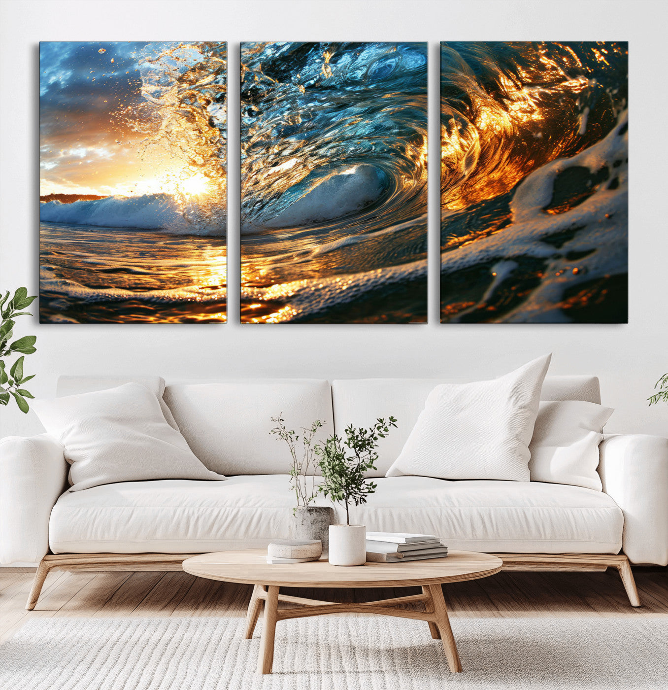 MGV-CV-60X30-3P - Ocean Wave at Sunset Canvas Wall Art – Vibrant Coastal Beach Waves Print, Large Nautical Decor,