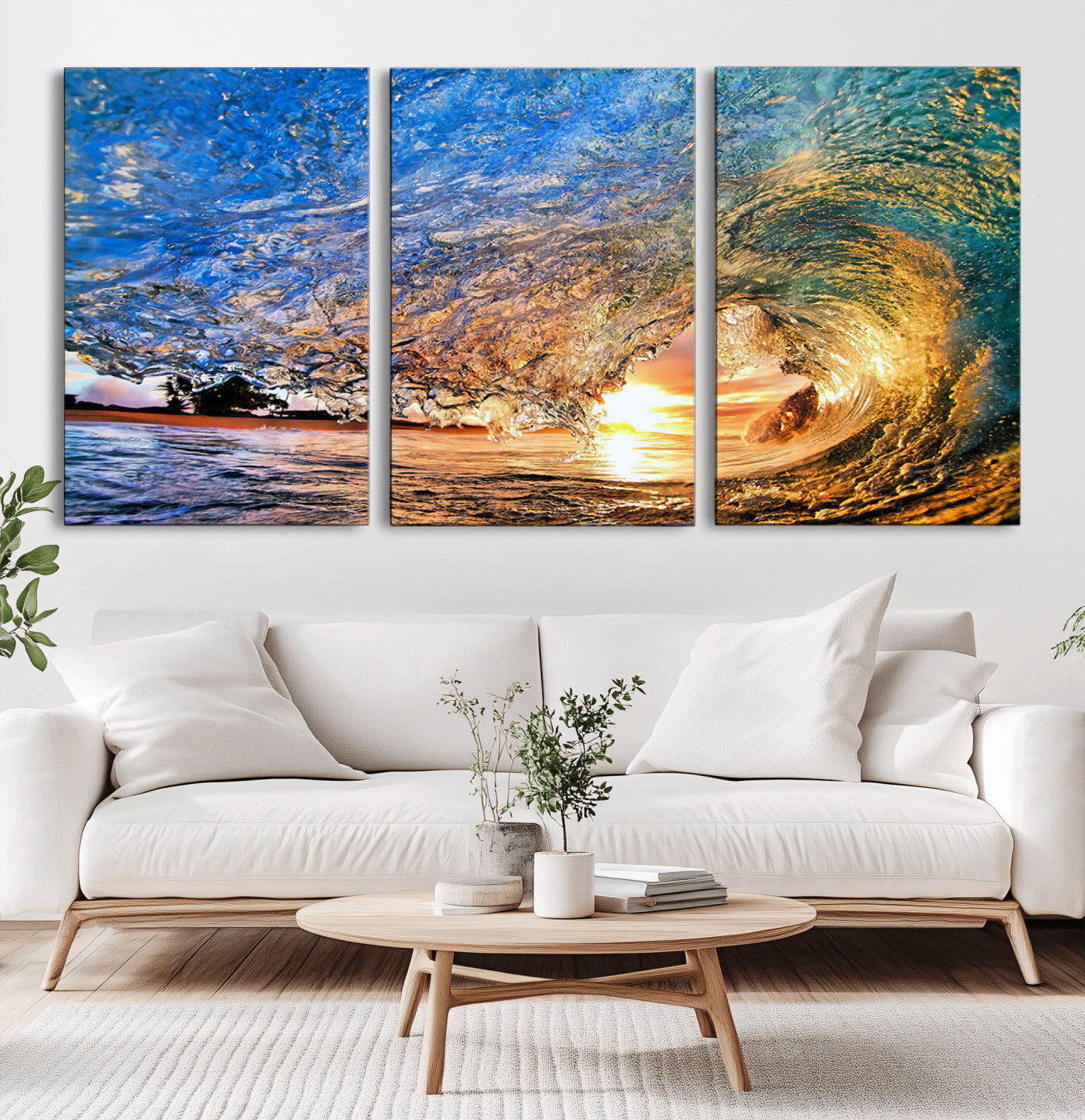 MGV-CV-60X30-3P - Ocean Wave at Sunset Canvas Wall Art – Vibrant Coastal Beach Waves Print, Large Nautical Decor,