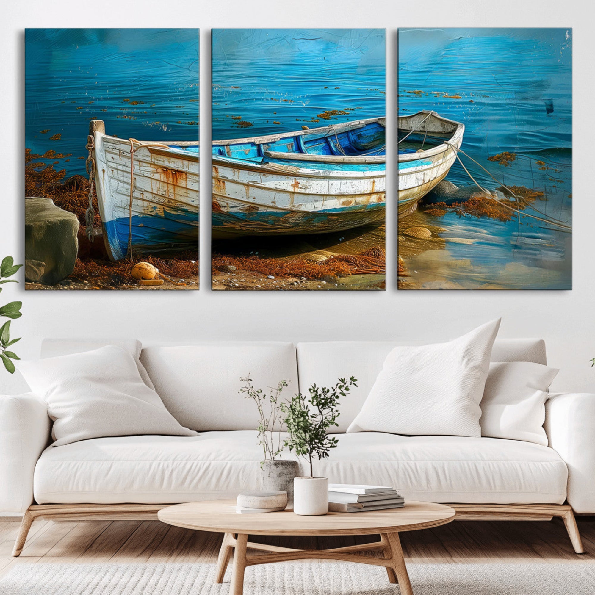 54716-MGV-CV-36X24-Vintage Boat on Tranquil Waters | Coastal Wall Art for Nautical Decor | Rustic Triptych Canvas Print