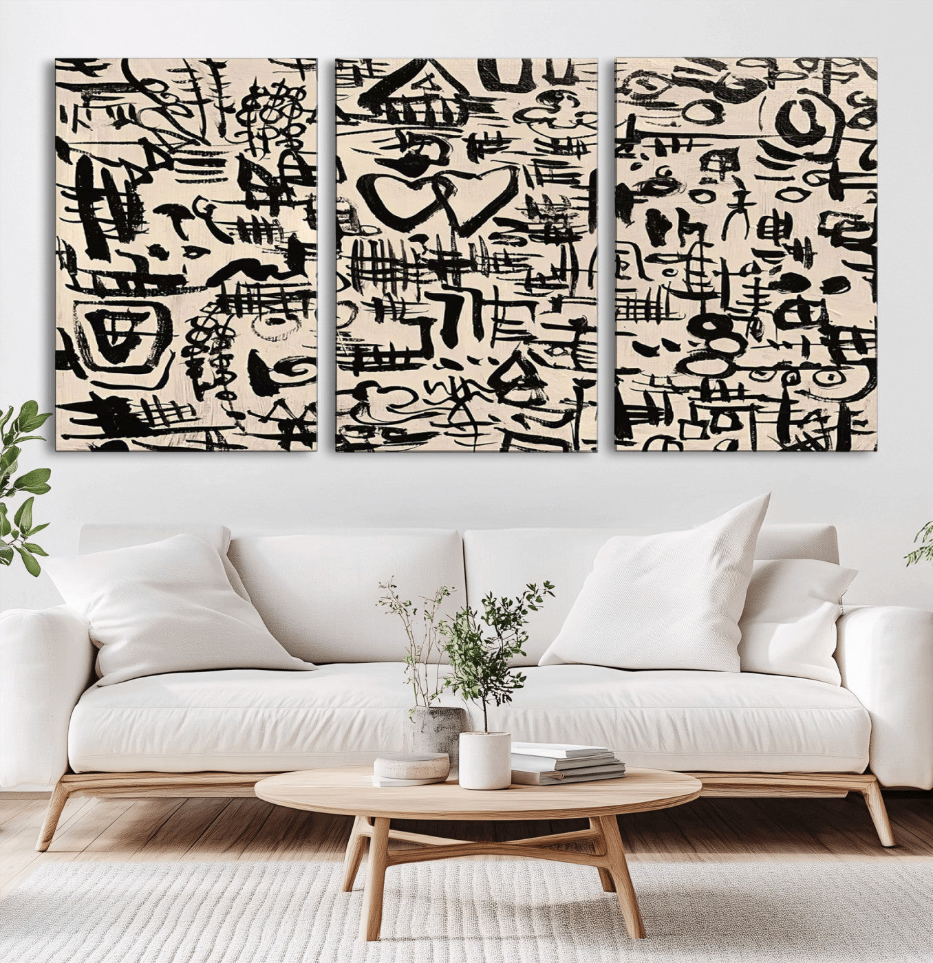 68273-MGV-CV-60X30-3P - Abstract Love and Chaos Canvas Print, Black Symbols on Beige
