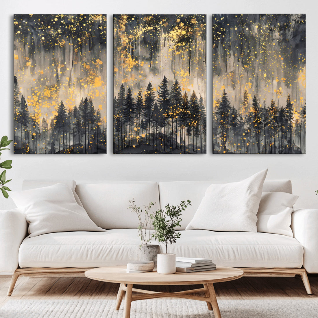Golden Forest Abstract Wall Art | Dark Forest with Gold Splatter Accents