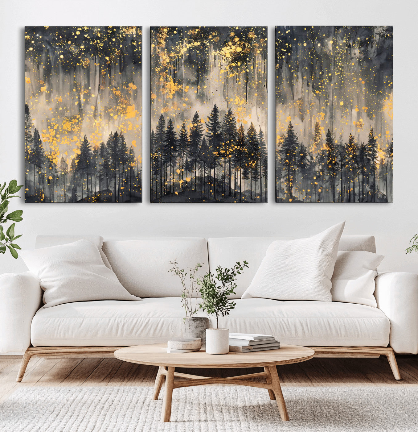 -Golden Forest Abstract Wall Art | Dark Forest with Gold Splatter Accents | Triptych Ready to Hang