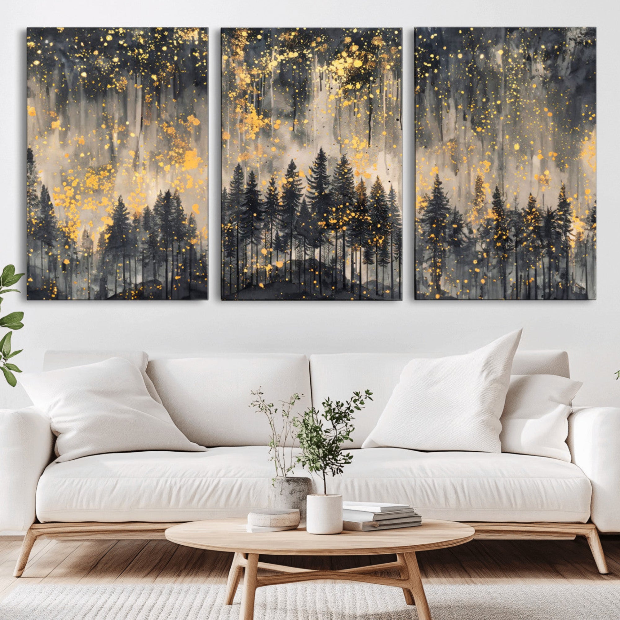 46049-MGV-CV-36X24-Golden Forest Abstract Wall Art | Dark Forest with Gold Splatter Accents | Triptych Ready to Hang
