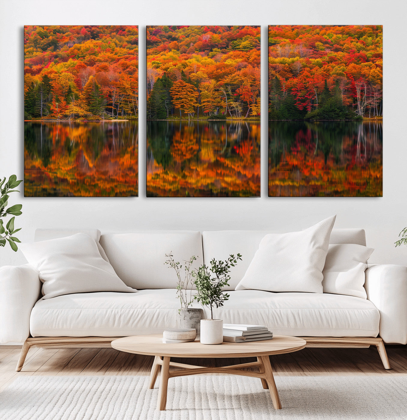 MGV-CV-60X30-3P - Fall Foliage Wall Art - Autumn Reflection Canvas Print, Stunning Fall Foliage Wall Art, Serene Lake