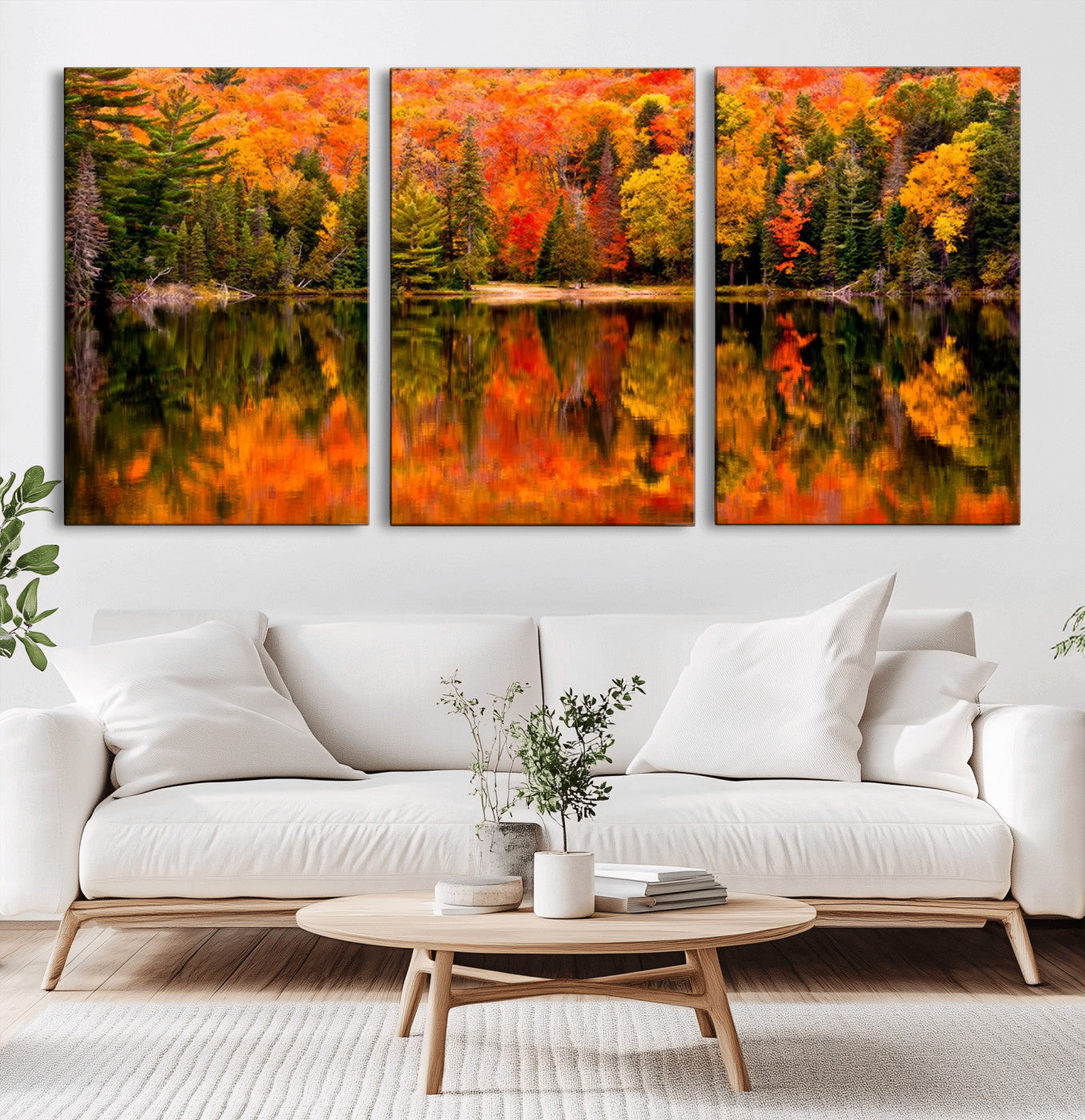 MGV-CV-60X30-3P - Forest Reflection Art | Autumn Forest Reflection Wall Art | Triptych Canvas Print | Vibrant Fall