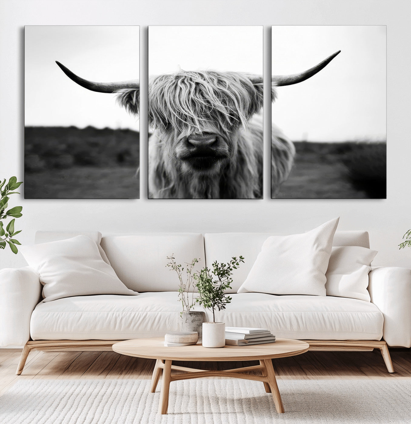 MGV-CV-60X30-3P - Highland Cow Wall Art | Black and White Farmhouse Decor | Triptych Canvas Print | Rustic Barn Decor
