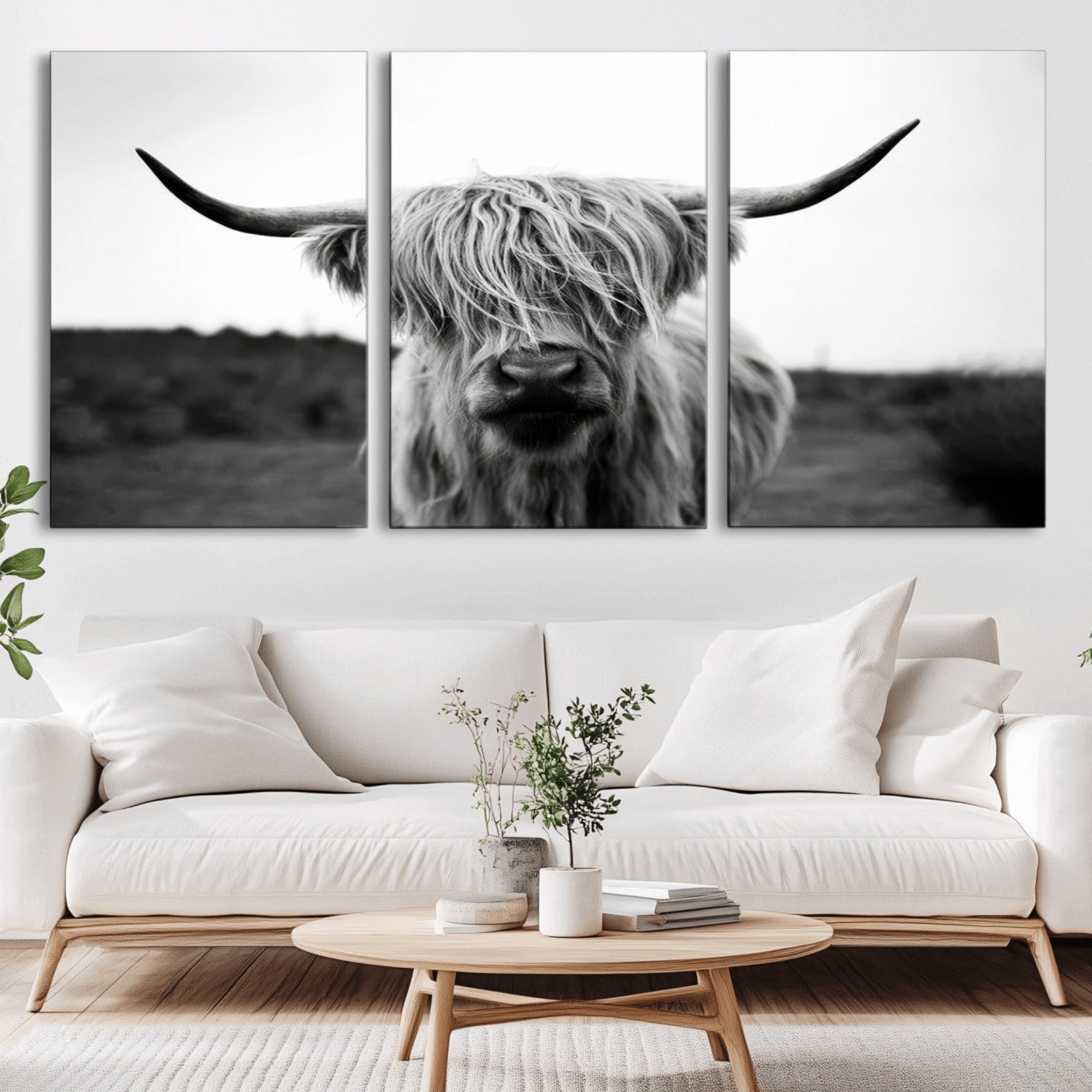 -Highland Cow Wall Art | Black and White Farmhouse Decor | Triptych Canvas Print | Rustic Barn Decor