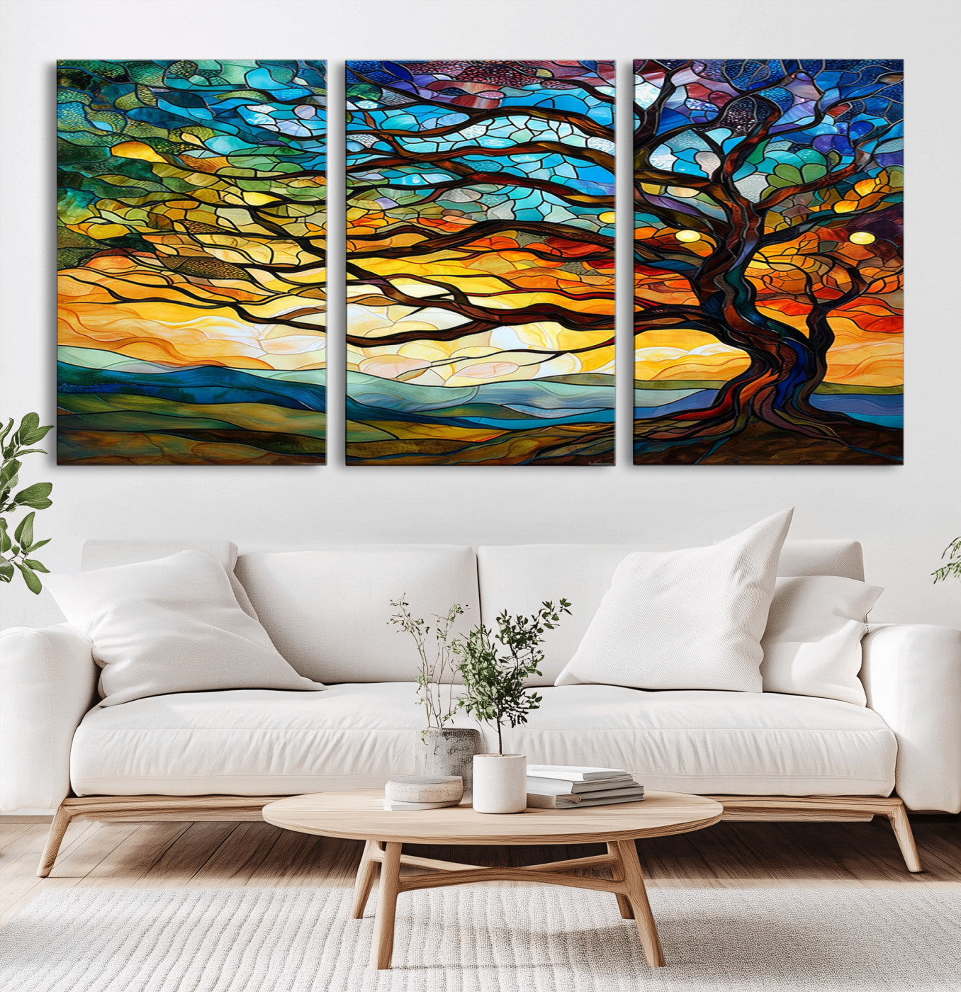 MGV-CV-60X30-3P - Vibrant Mosaic Tree of Life Wall Art | Stained Glass Style Canvas Print | Ready to Hang Artistic