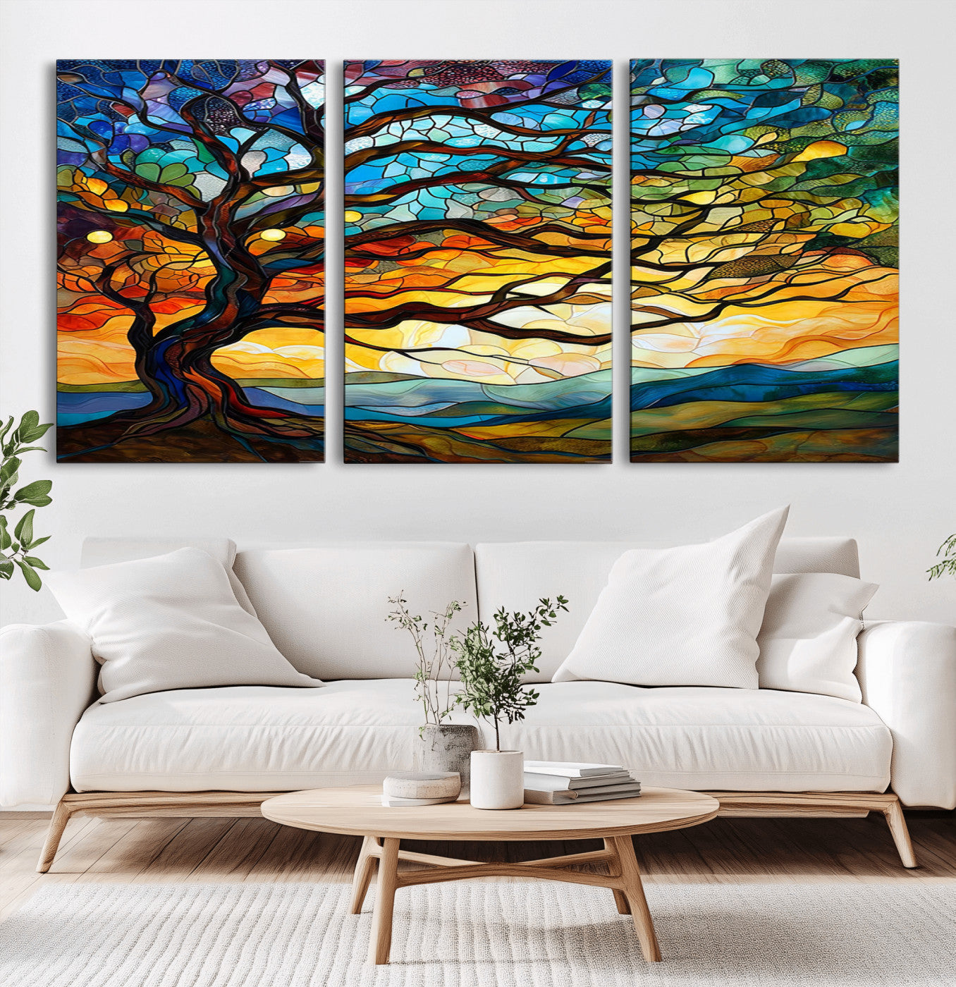 MGV-CV-60X30-3P - Mosaic Tree Wall Art | Ready to Hang Stained Glass Style Canvas Print | Farmhouse Wall Decor, Cabin