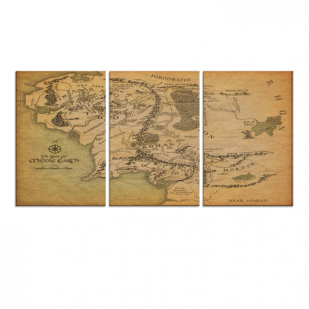 J.R.R. Tolkien's Middle-Earth World Map 3 Panel Wall Art Canvas Print | Vintage Map Wall Art for Living Room or Office | Large Framed Gallery Wrap