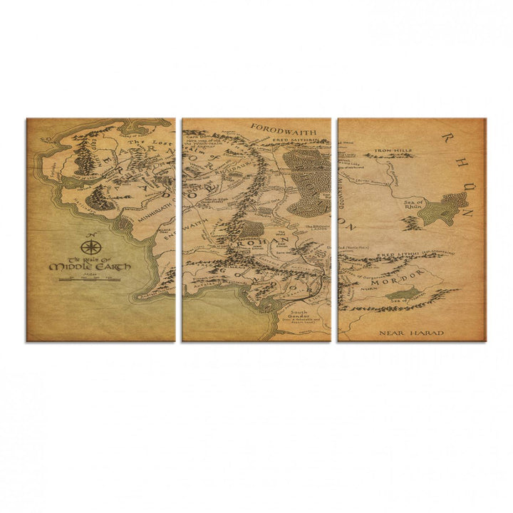 J.R.R. Tolkien's Middle-Earth World Map 3 Panel Wall Art Canvas Print | Vintage Map Wall Art for Living Room or Office | Large Framed Gallery Wrap