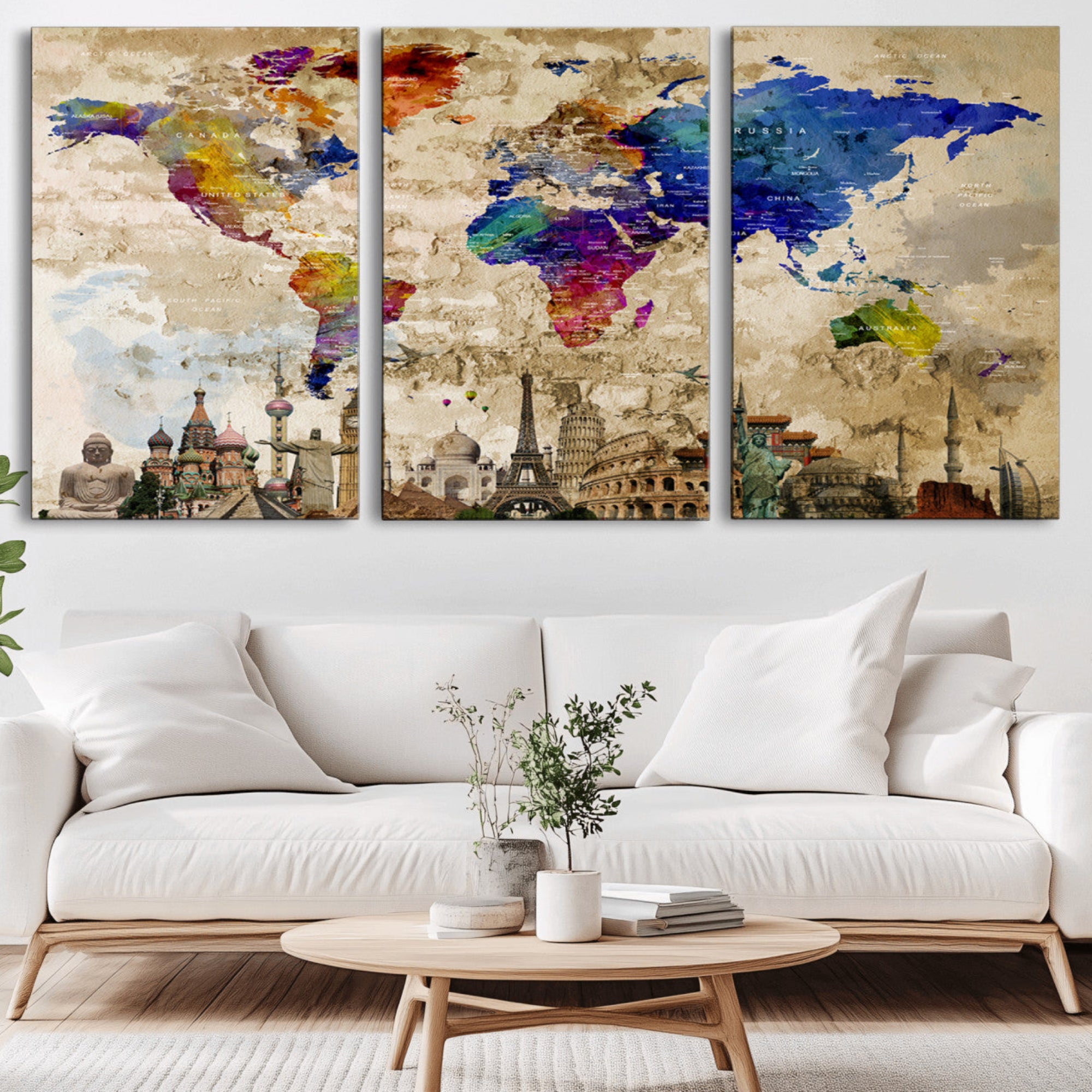 12168-MGV-CV-36X24-Push Pin World Map Canvas Print – Framed Travel Tracker Wall Art for Couples, Anniversary Gift and Modern Home Decor