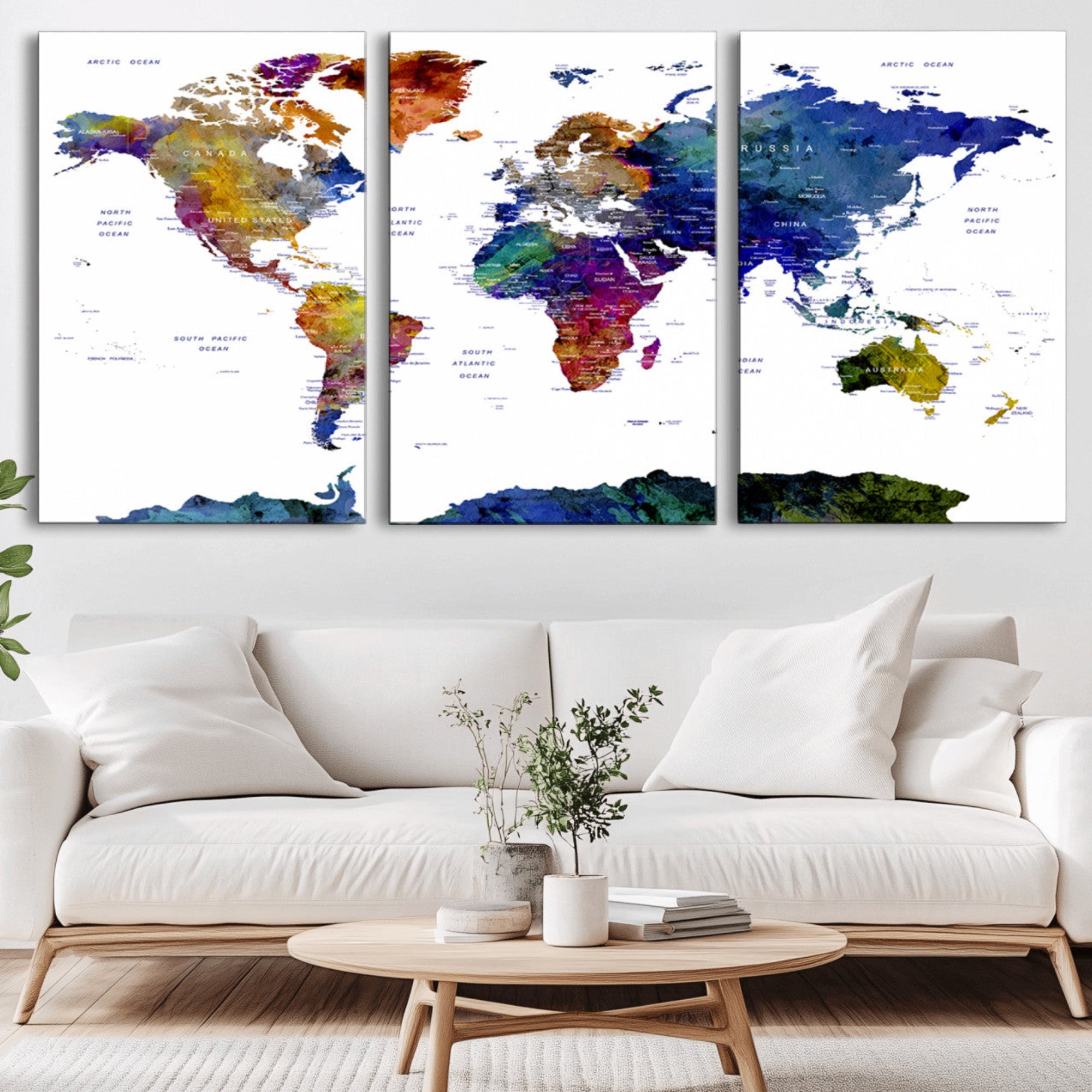 90446-MGV-CV-36X24-Colorful Watercolor World Map Canvas Wall Art – Framed Modern Push Pin Travel Map for Home and Office Decor