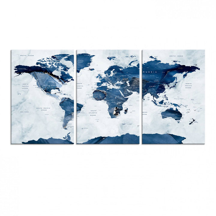 Navy Blue World Map with Antarctica Canvas: A perfect abstract home decor piece featuring a grunge-stained background.