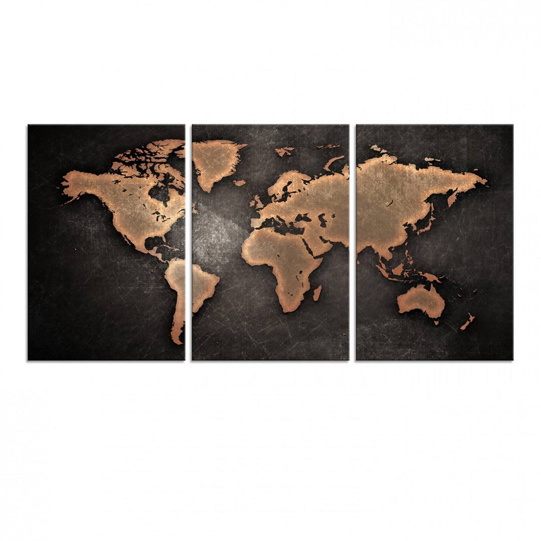 Maroon World Map Wall Art: Copper continents on a grunge-stained canvas, ideal for enhancing your decor.