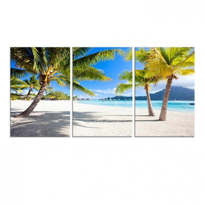 Blue Beach and Sea Wall Art Canvas Print: showcases a tropical scene with palm trees, white sand, and turquoise water.