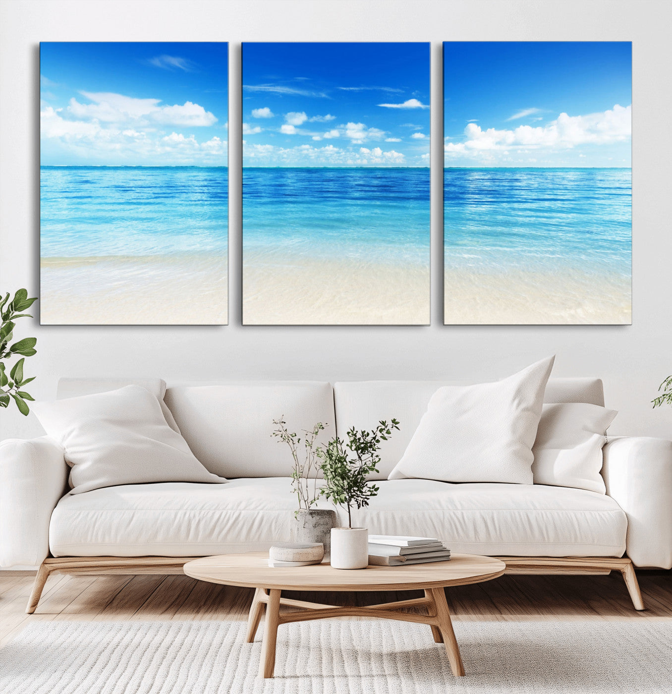 MGV-CV-60X30-3P - Beach Scene Canvas Wall Art Print – Tranquil Ocean Horizon and White Sand Beach Wall Decor for Home
