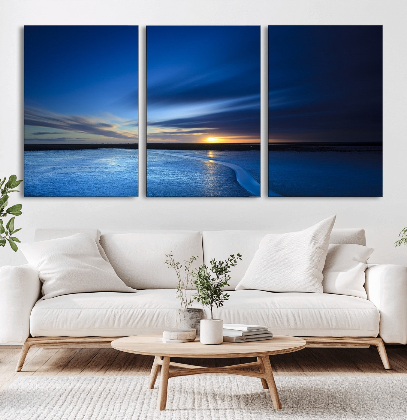 MGV-CV-60X30-3P - Blue Sunset Ocean Canvas Wall Art Print – Serene Coastal Horizon Wall Decor for Home or Office –