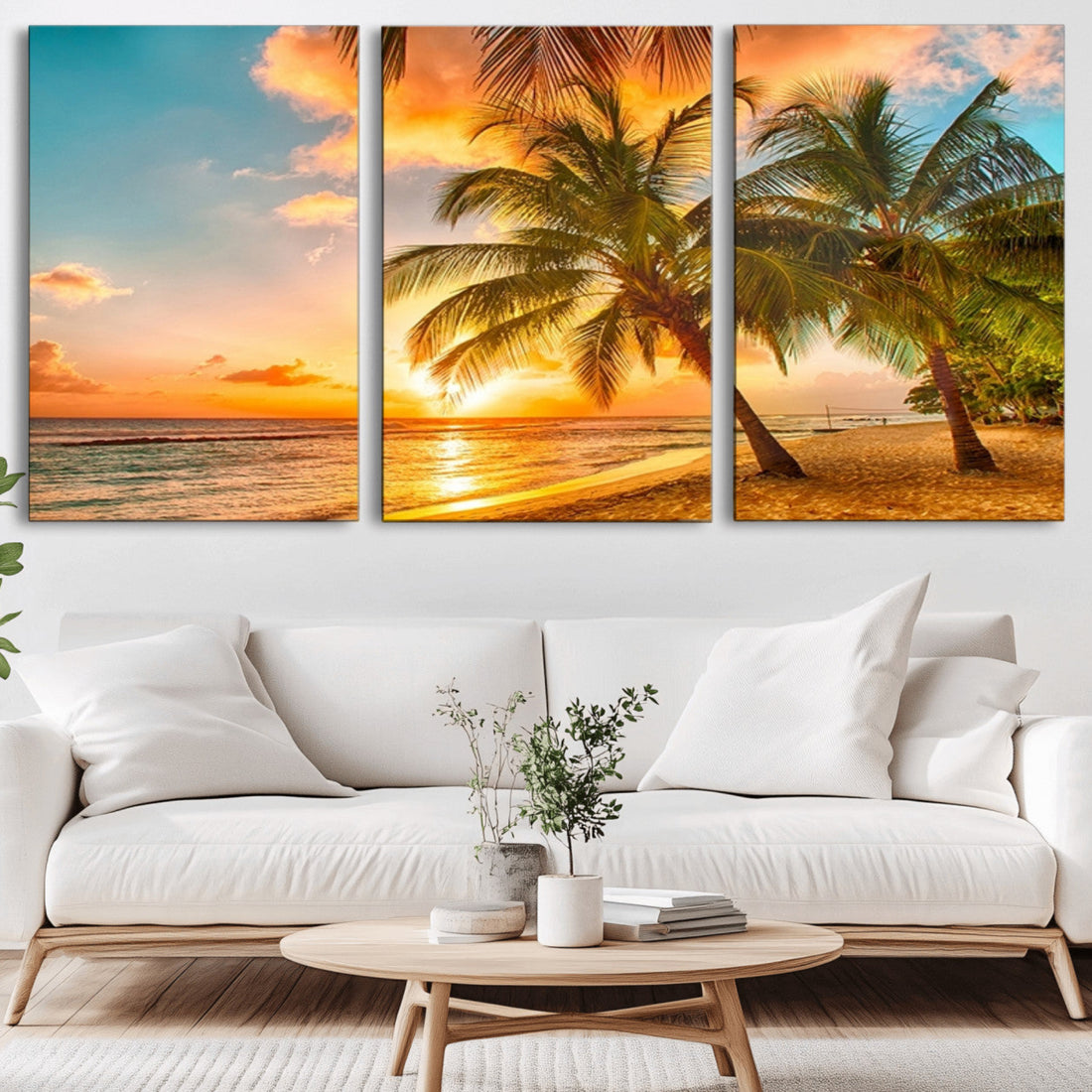 Tropical Sunset Beach Canvas Wall Art Print | Vibrant Palm Trees and Coastal Sunset