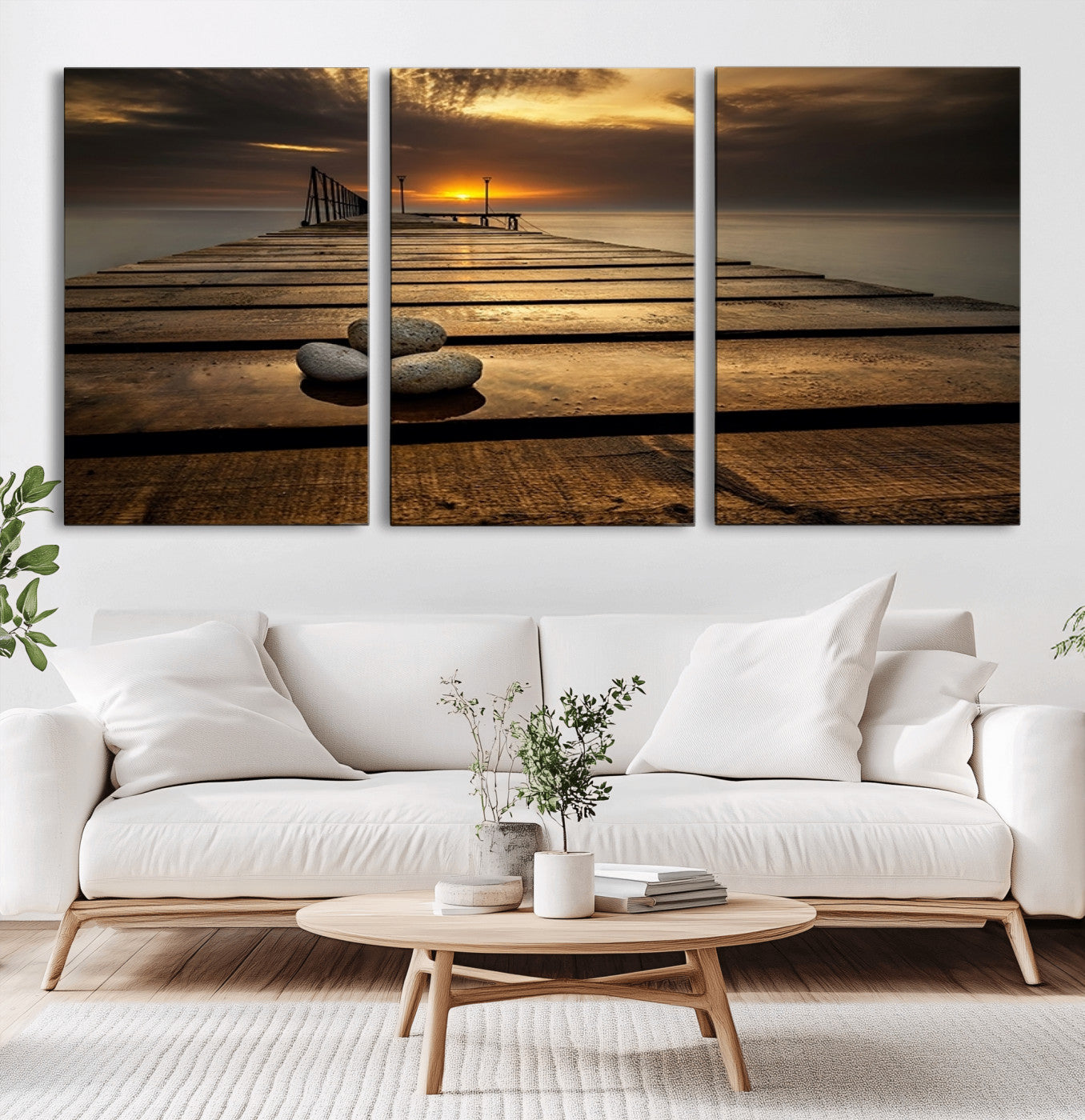 MGV-CV-60X30-3P - Stones on Wooden Pier at Sunset Canvas Print, Serene Coastal Wall Art, Beach Sunset Photography,