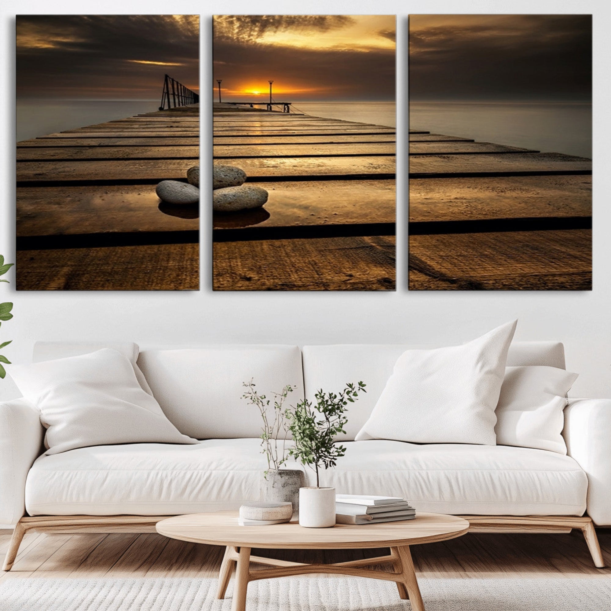 41021-MGV-CV-36X24-Stones on Wooden Pier at Sunset Canvas Print, Serene Coastal Wall Art, Beach Sunset Photography,