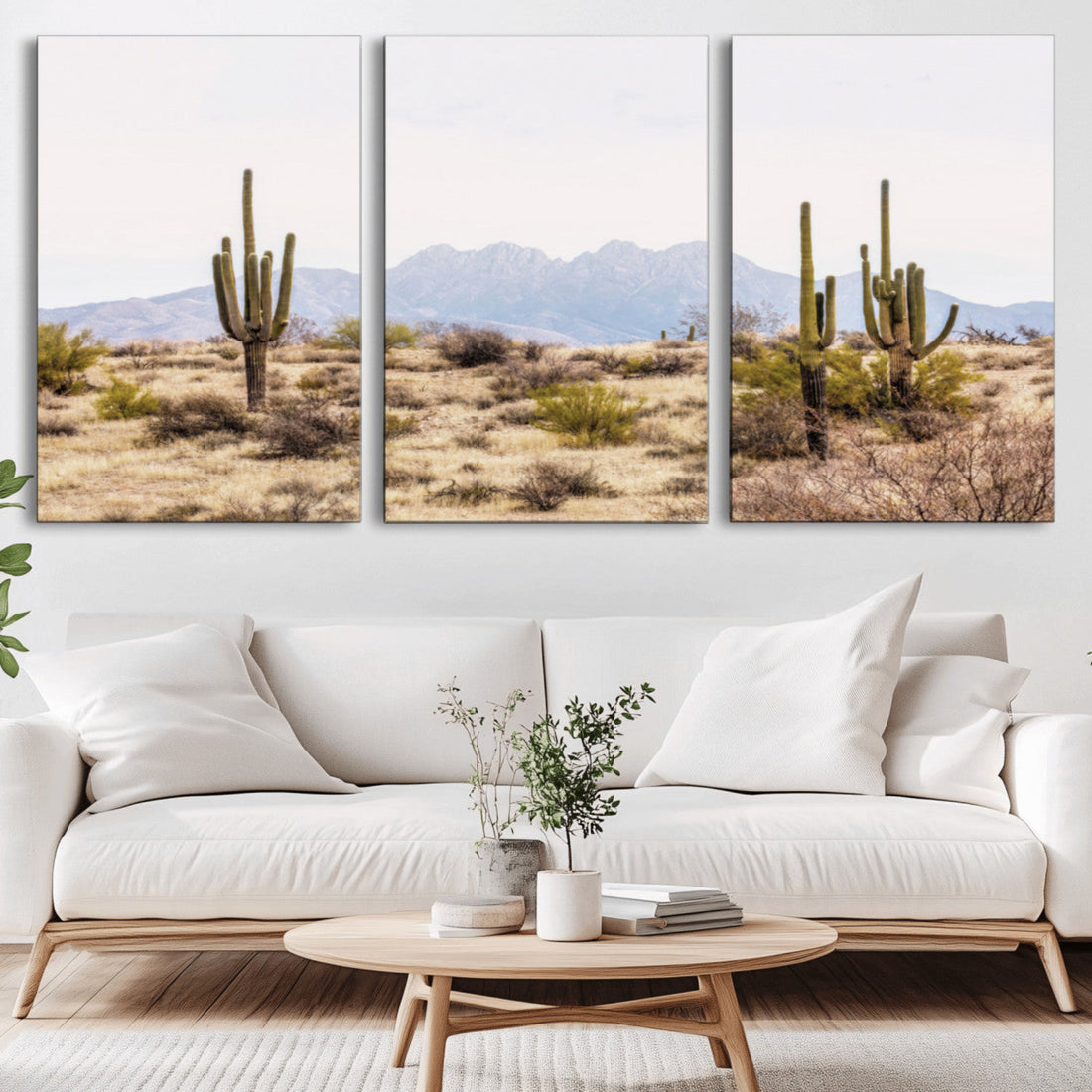 Desert Cactus Canvas Wall Art | Serene Southwestern Arizona Landscape with Mountains