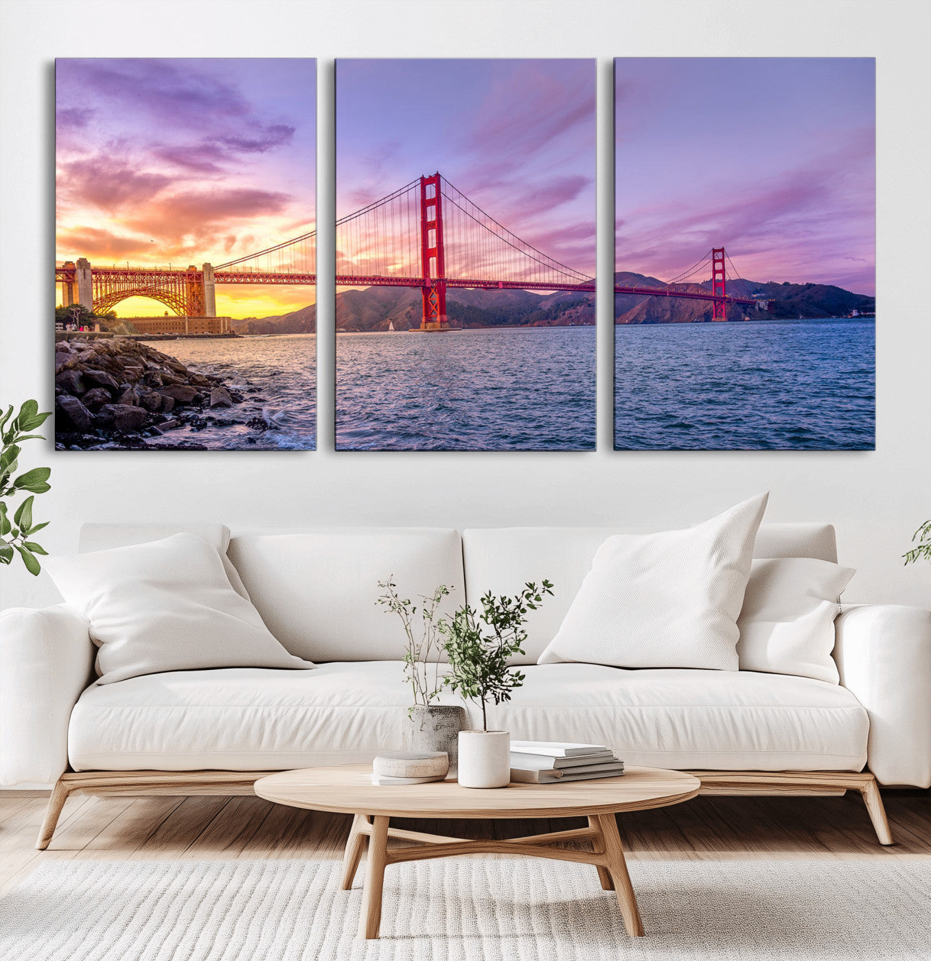 MGV-CV-60X30-3P - Golden Gate Bridge Wall Art Print, San Francisco Sunset Canvas Wall Art, Cityscape Canvas Print for