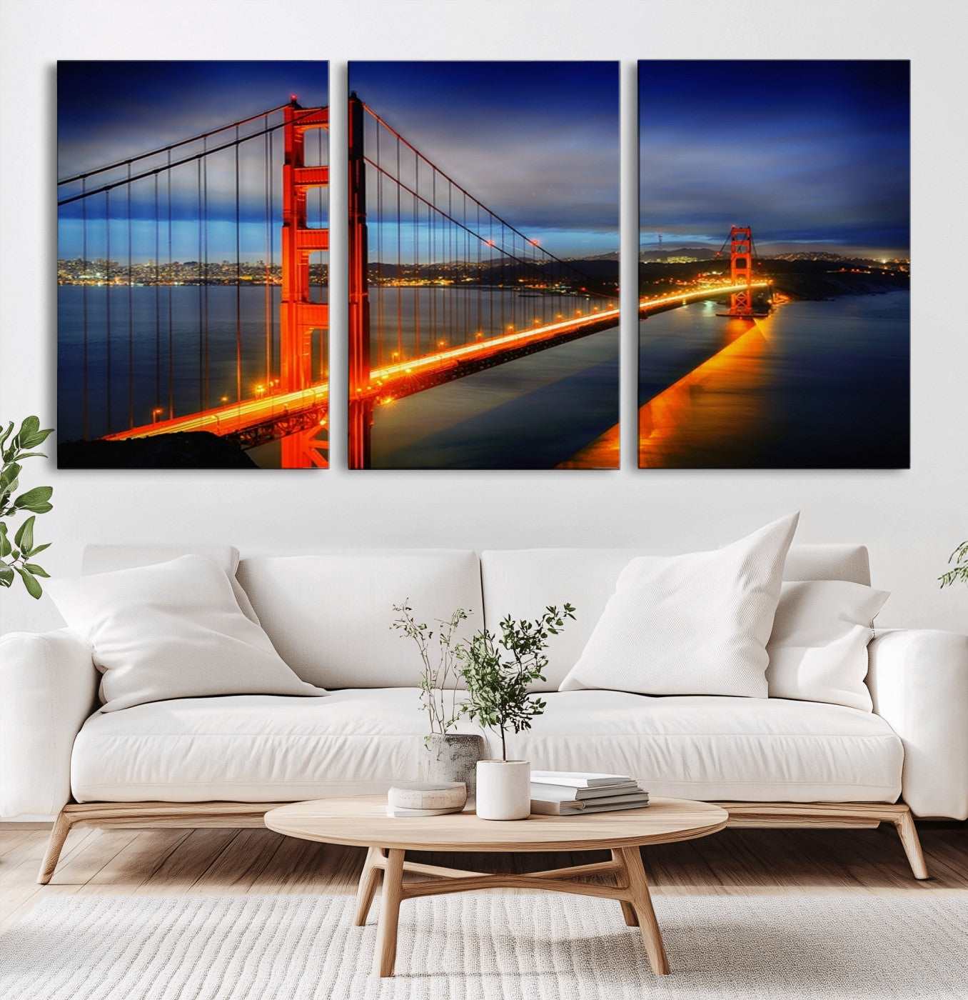 MGV-CV-60X30-3P - Large Wall Art San Francisco Canvas Print - Wonderful Golden Gate Bridge at Twilight