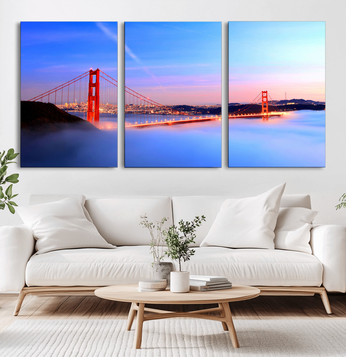 MGV-CV-60X30-3P - Golden Gate Bridge Wall Art Print, San Francisco Sunset Canvas Wall Art, Cityscape Canvas Print for