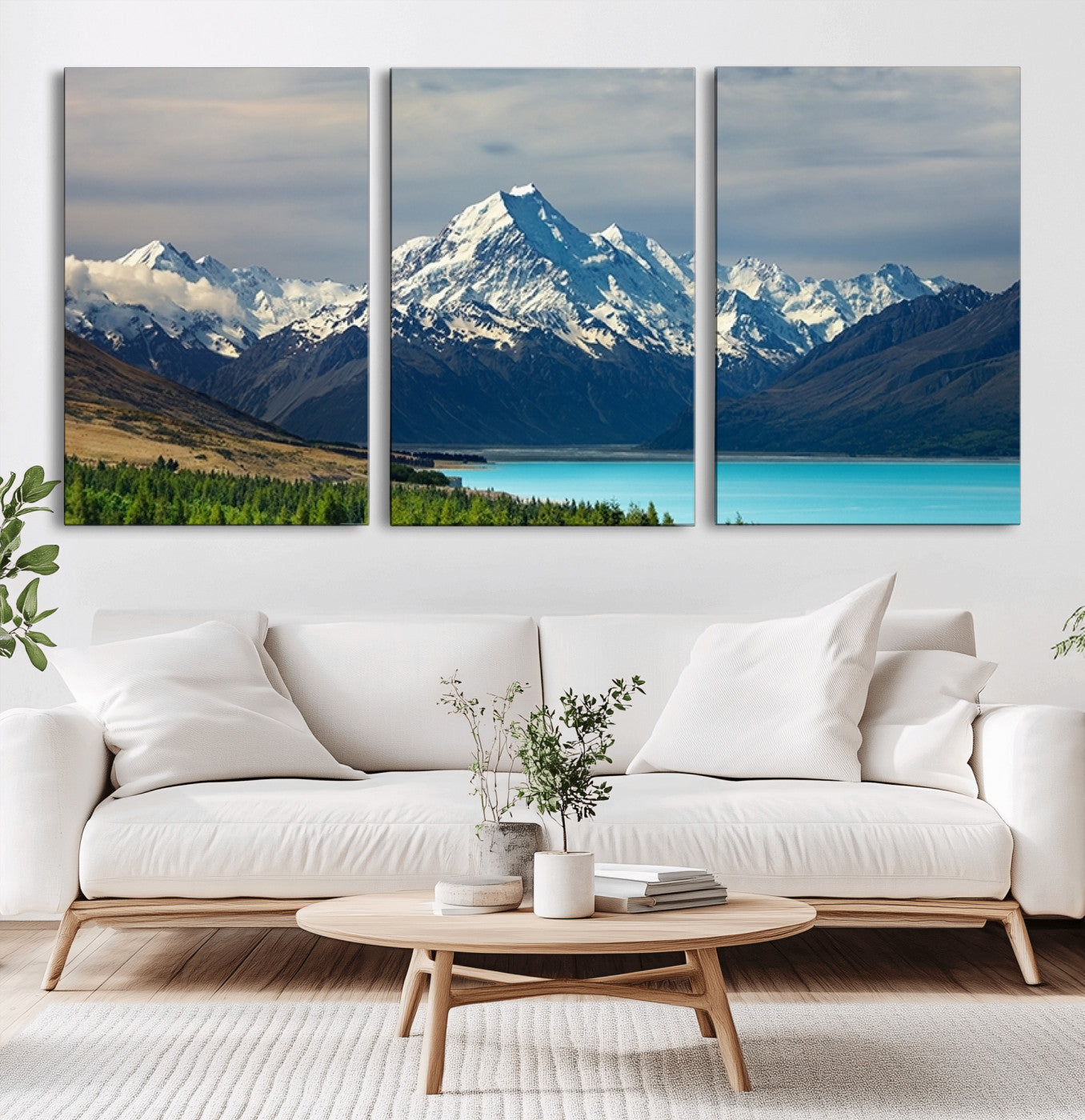 MGV-CV-60X30-3P - Mount Cook and Lake Pukaki Canvas Wall Art Print – Majestic Snow-Capped Peaks and Serene Lake Wall