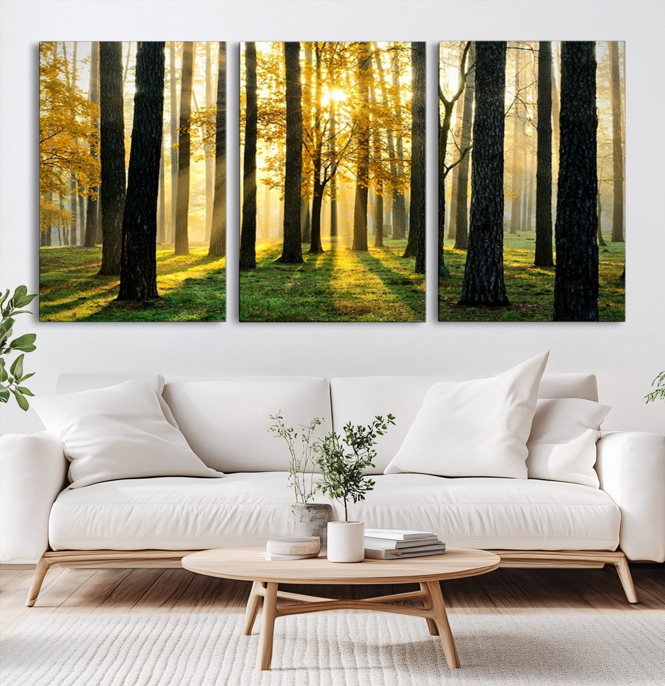 60024-MGV-CV-60X30-3P-Sunlit Forest Wall Art Canvas Print - Large Framed Woodland Wall Art for Home or Office Decor, Rustic Nature Scene with Golden Light