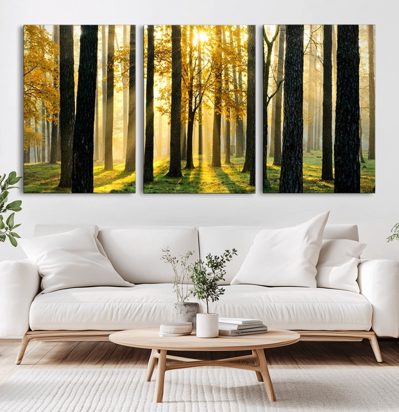 -Sunlit Forest Canvas Wall Art – Serene Woodland Triptych Landscape Print – Nature-Inspired Decor for