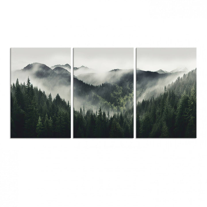 The Misty Forest Canvas Print Wall Art captures a serene misty forest scene with fog and mountains.