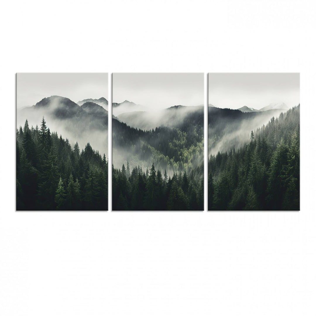 Serene and mystical landscape of misty mountains and dense evergreens, ideal for a Misty Mountain Forest Canvas Wall Art Print.