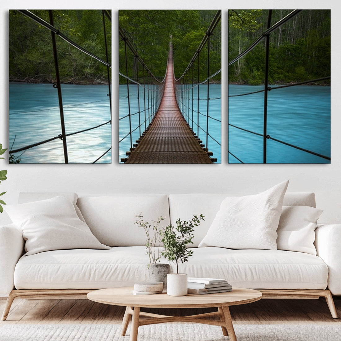 Suspension Bridge Over River Canvas Art | 3-Panel Nature Wall Art