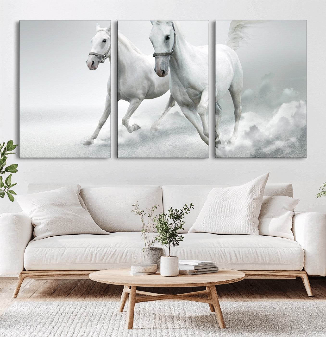 MGV-CV-60X30-3P - Large Wall Art Animal Canvas Print - Beautiful Running White Horses