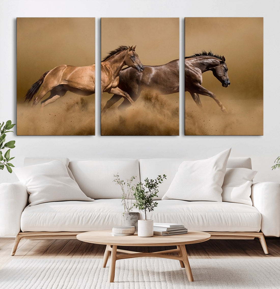 Large Wall Art Canvas Print, Two Running Brown Horses