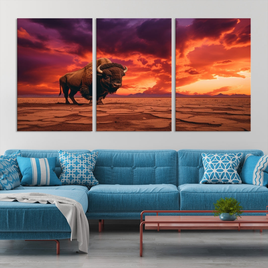 Alone Buffalo on Red Sunset Wall Art Canvas Print