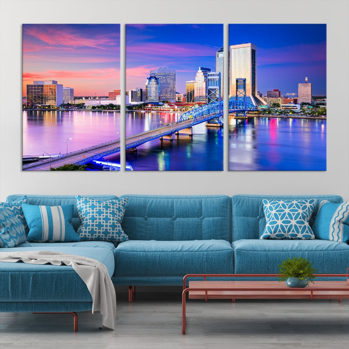 The Jacksonville Wall Art Canvas Print, showcasing the Jacksonville cityscape over a river at sunset, is elegantly crafted on museum-quality canvas with a UV-protective coating. Ready to hang, it elevates your space with its sophisticated charm.