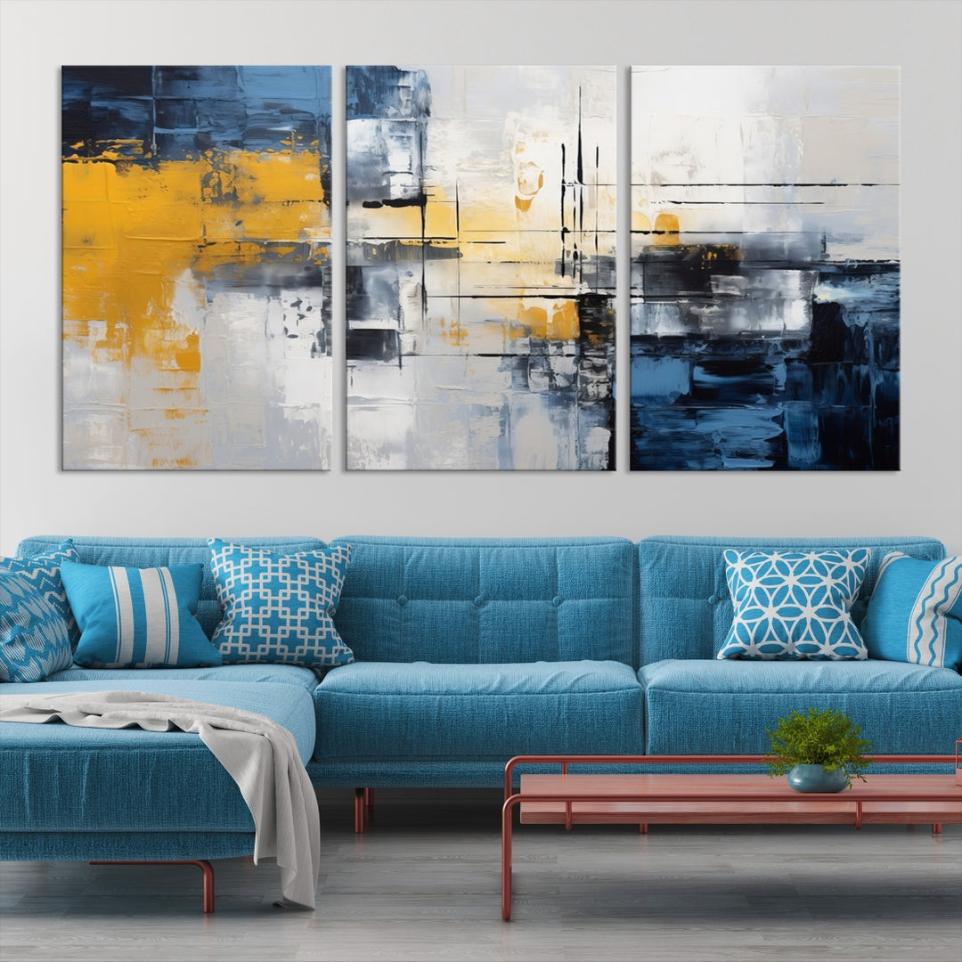 The Yellow Orange Blue Abstract Wall Art Print on gallery-wrapped, museum-quality canvases adds a vibrant touch to the room.