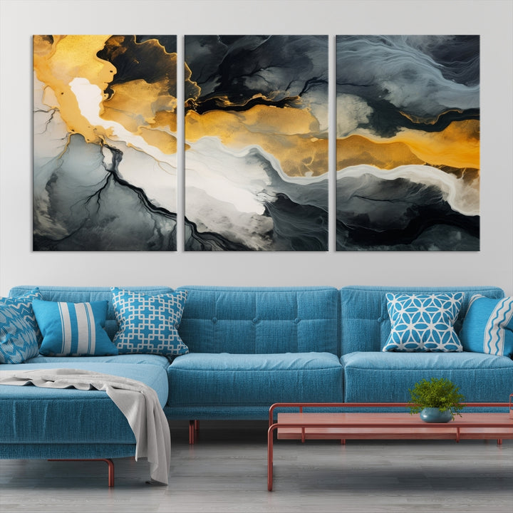 The Smoke Gray Green Golden Abstract Contemporary Art Canvas beautifully enhances a modern living room. Created on museum-quality canvas, this ready-to-hang artwork guarantees longevity and sophistication, perfectly aligning with the contemporary aesthetic.