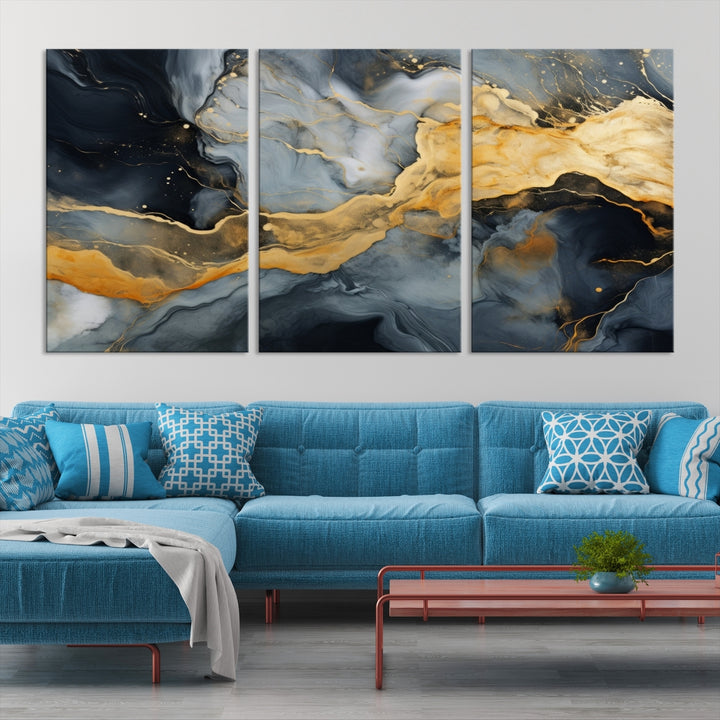 The living room features the Golden Gray Abstract Wall Art Print Contemporary Art Canvas Design, a triptych showcasing gold, black, and gray swirls. Crafted on museum-quality canvas and ready to hang, this piece is designed for elegance and durability.