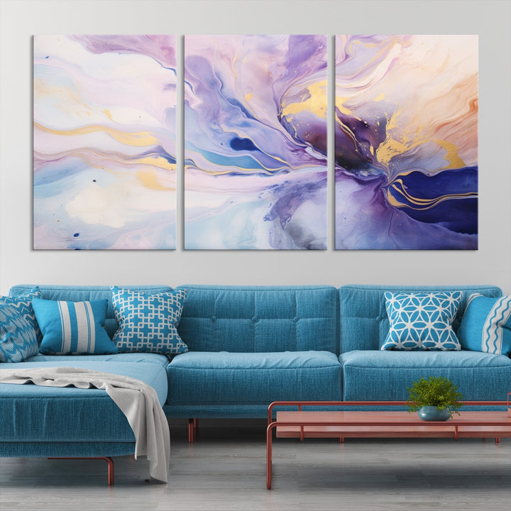 In the modern living room, a captivating Purple Color Abstract Wall Art Print graces the walls, mounted on museum-quality canvas, infusing the space with an artistic flair.