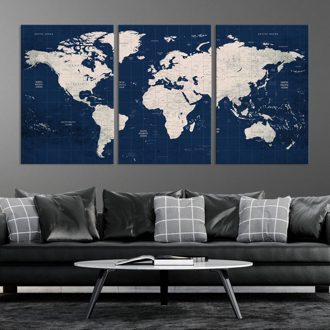 Large modern world map wall art canvas print in beige and navy; showcases a 3-panel vintage map design and is ready to hang.