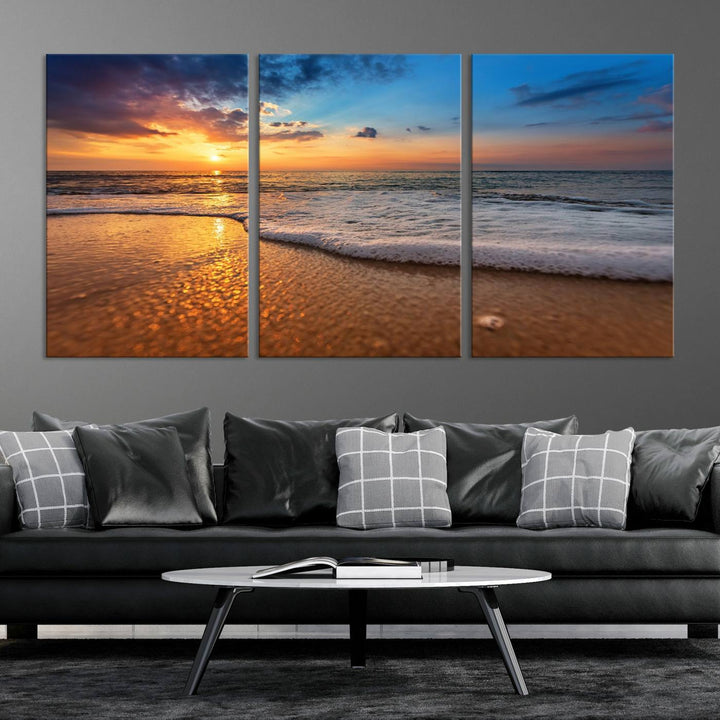 The Golden Sunset Beach Waves Triptych adds a modern coastal touch with its stunning seascape.