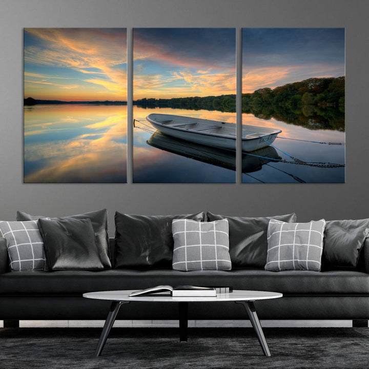 Serene Rowboat on Calm Lake Triptych Canvas Art, Giclee Wall Art of Peaceful Sunset Reflections, Tranquil Landscape Wall Art for Home or Office