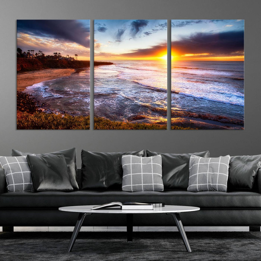 California Coastline Sunset Canvas Art, Ocean Waves Crashing on Cliffs, Giclee Canvas Print for Beach House Decor